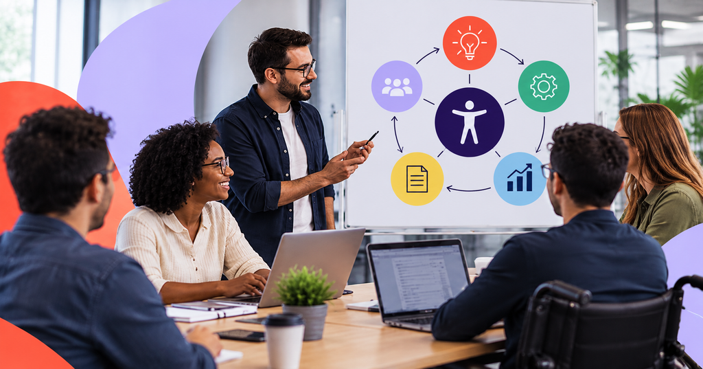 Equipe reunida discute estratégias de acessibilidade, com diagrama de pessoas, processos e resultados ao fundo.