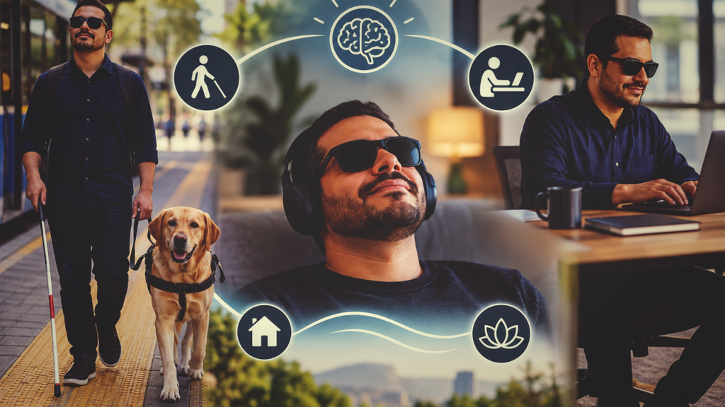 Homem com deficiência visual em situações de mobilidade, descanso e trabalho, conectadas à acessibilidade.
