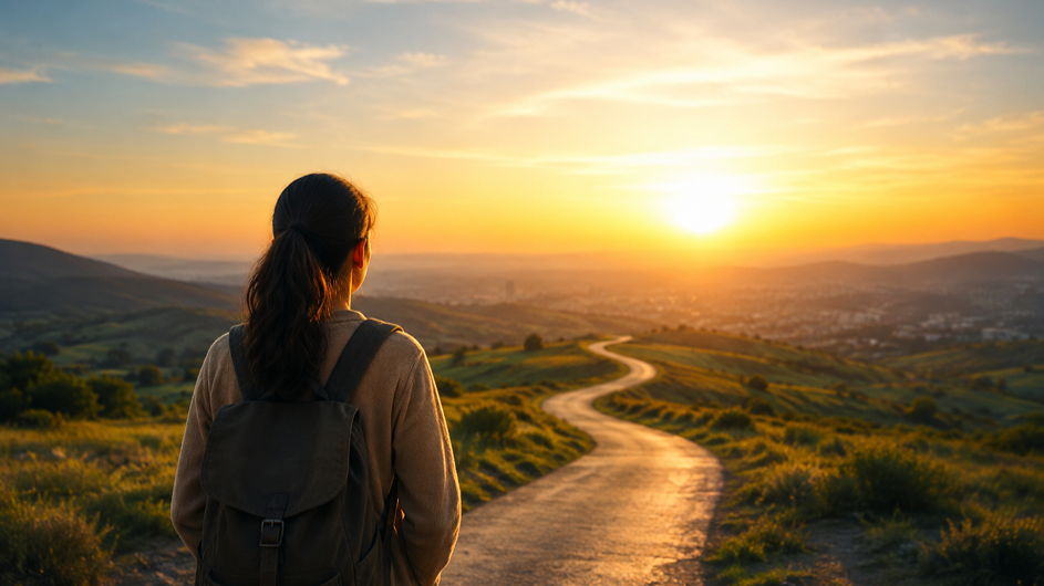 Imagem: Pessoa de costas observa o horizonte ao pôr do sol, diante de uma estrada entre montanhas.