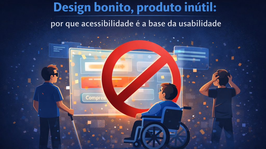 Ilustração mostrando pessoas sendo bloqueadas por uma interface digital inacessível