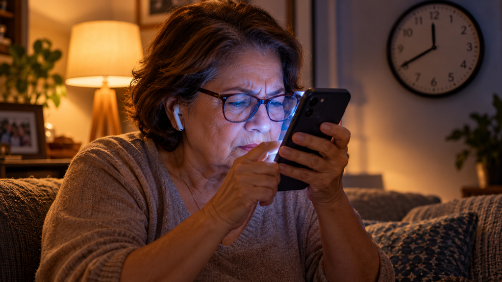 Mulher idosa segura o celular perto do rosto enquanto usa o leitor de tela para navegar em um site