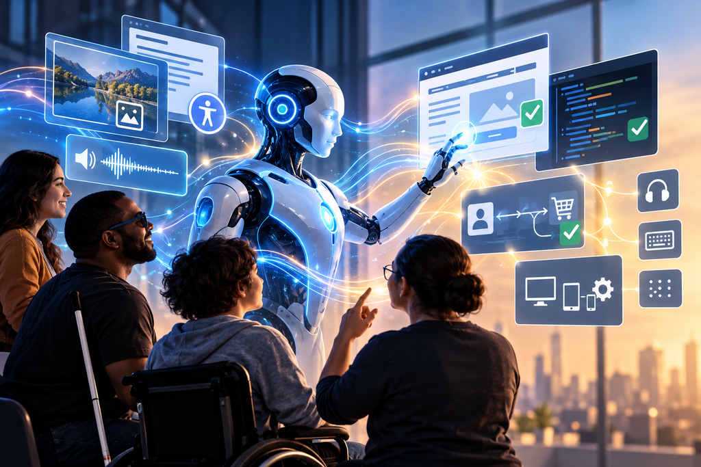 Robô de inteligência artificial interage com pessoas com deficiência e interfaces digitais em ambiente futurista.